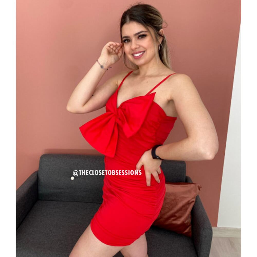Zara Red Bow Mini Dress Ruched Bodycon Party Dress NWT - Picture 13 of 16